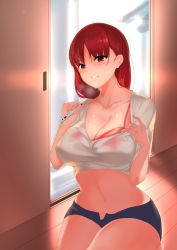 Rule 34 | 1girl, absurdres, aowltus209, blush, bra, breasts, cleavage, collarbone, digital thermometer, hallway, hands up, highres, hip focus, indoors, large breasts, long hair, mole, mole on breast, navel, on floor, original, parted lips, red bra, red eyes, red hair, seiza, shirt tug, short shorts, shorts, sitting, sliding doors, solo, sweat, thermometer, thighs, unbuttoned, underwear