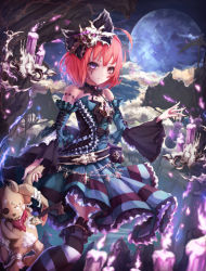 Rule 34 | 1girl, bandaged, belt, black bow, black thighhighs, blue dress, bow, broken, brown eyes, candle, detached sleeves, dress, frilled dress, frills, full moon, h2o (dfo), hair ornament, heterochromia, holding, holding stuffed toy, horizon, looking at viewer, moon, night, orange hair, original, outdoors, pouch, purple eyes, scar, skull hair ornament, smoke, solo, sparkle, standing, striped clothes, striped dress, striped thighhighs, stuffed animal, stuffed toy, thighhighs