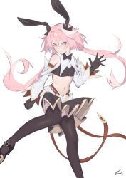 Rule 34 | 1boy, absurdres, animal ears, astolfo (fate), astolfo (saber) (fate), ballet slippers, black bow, black bowtie, black gloves, black thighhighs, bow, bowtie, closed mouth, detached sleeves, fake animal ears, fang, fate/grand order, fate (series), gloves, gold trim, guoyangzi12, hair bow, hair intakes, highres, light blush, long hair, looking at viewer, male focus, midriff, multicolored hair, navel, open hand, pink eyes, pink hair, pleated skirt, rabbit ears, red ribbon, ribbon, signature, simple background, skin fang, skirt, smile, solo, streaked hair, thighhighs, trap, two-tone hair, white background, white hair, wing collar