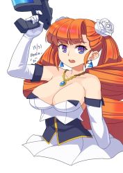 Rule 34 | 1girl, arcana heart, arcana heart 2, arm up, breasts, cleavage, drill hair, gloves, gun, large breasts, looking at viewer, nalia, open mouth, orange hair, petra johanna lagerkvist, purple eyes, solo, twin drills, weapon