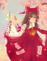 Rule 34 | 1girl, ascot, bow, brown eyes, brown hair, cherry blossoms, detached sleeves, dress, ginkim, gradient background, hakurei reimu, japanese clothes, lipstick, long hair, looking at viewer, makeup, miko, petals, red dress, rope, seal (animal), shimenawa, shiny skin, smile, solo, touhou
