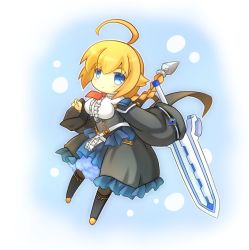 Rule 34 | 1girl, ahoge, belt, blazblue, blazblue: central fiction, blonde hair, blue eyes, blue footwear, boots, braid, breasts, chibi, corset, dress, es (xblaze), expressionless, frills, full body, greatsword, hair ornament, holding, holding sword, holding weapon, knee boots, large breasts, long hair, long sleeves, looking at viewer, necktie, pantyhose, ponytail, single braid, solo, sword, weapon, wide sleeves, zibun
