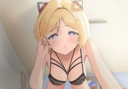 Rule 34 | 1girl, aki rosenthal, blonde hair, blue eyes, blush, bob cut, breasts, cleavage, commission, hair ornament, heart, heart-shaped pupils, highres, hololive, lingerie, looking at viewer, parted bangs, parted lips, short hair, solo, symbol-shaped pupils, twin (tt lsh), underwear, virtual youtuber