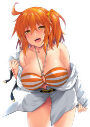 Rule 34 | 1girl, abe inori, ahoge, belt, bikini, bikini top only, bottomless, breasts, command spell, fate/grand order, fate (series), fujimaru ritsuka (female), fujimaru ritsuka (female) (brilliant summer), large breasts, leaning forward, looking at viewer, no panties, official alternate costume, orange eyes, orange hair, removing jacket, side ponytail, solo, sweat, swimsuit, undressing, white background