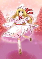 Rule 34 | 1girl, :d, absurdres, blonde hair, capelet, dress, eiyuu (eiyuu04), full body, green eyes, hat, hat ribbon, highres, lily white, long hair, long sleeves, open mouth, petals, ribbon, ripples, skirt hold, smile, standing, standing on liquid, touhou, white dress, wide sleeves, wings