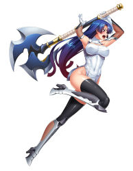 Rule 34 | 1girl, armor, armpits, arms up, axe, bare shoulders, battle axe, black thighhighs, blue hair, breasts, cleavage, cleavage cutout, clothing cutout, commentary request, covered navel, curvy, dress, elbow gloves, female focus, fishnets, full body, gloves, highres, holding, holding weapon, huge weapon, jumping, kagami hirotaka, large breasts, leg up, lilith-soft, long hair, official art, pelvic curtain, purple eyes, shiny skin, short dress, simple background, sleeveless, solo, taimanin (series), taimanin asagi, taimanin asagi zero, thighhighs, thighs, turtleneck, weapon, white background, yatsu murasaki