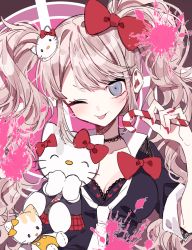 Rule 34 | 1girl, 3j dangan, ;p, alternate hair ornament, black choker, black shirt, blonde hair, bow, breasts, candy, candy cane, cat hair ornament, choker, cleavage, collarbone, commentary request, cosplay, danganronpa: trigger happy havoc, danganronpa (series), enoshima junko, enoshima junko (cosplay), food, hair bow, hair ornament, hand up, hello kitty, highres, holding, holding candy, holding candy cane, holding food, long hair, looking at viewer, medium breasts, nail polish, necktie, one eye closed, pink background, red bow, red nails, sanrio, shirt, short sleeves, sketch, smile, solo, tongue, tongue out, twintails, white background, white necktie