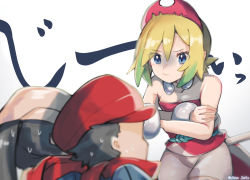 Rule 34 | 1boy, 2girls, akari (pokemon), blonde hair, blue eyes, bracelet, breasts, cleavage, closed mouth, collar, commentary request, creatures (company), flute, game freak, grey jacket, hair between eyes, hairband, hat, head scarf, highres, instrument, irida (pokemon), jacket, jewelry, multiple girls, nintendo, oou (tafc4385), pink hairband, pokemon, pokemon legends: arceus, red headwear, red scarf, rei (pokemon), sash, scarf, shirt, short hair, shorts, staring, strapless, strapless shirt, waist cape, white shorts