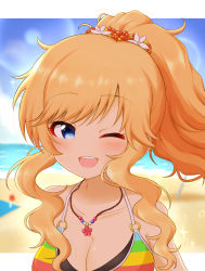 Rule 34 | 1girl, bare shoulders, beach, bikini, bikini top only, blonde hair, blue eyes, blurry, blurry background, blush, breasts, cleavage, collarbone, commentary request, day, face, hair ornament, highres, hokutoro64, idolmaster, idolmaster cinderella girls, jewelry, large breasts, long hair, looking at viewer, multicolored bikini, multicolored bikini top, multicolored clothes, necklace, ohtsuki yui, one eye closed, outdoors, ponytail, smile, solo, swimsuit, teeth, upper teeth only, wavy hair