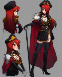 Rule 34 | 1girl, alternate costume, boots, bubene, cane, cape, grey background, hair over one eye, hat, highres, long hair, military, military hat, military uniform, parasoul (skullgirls), red hair, skullgirls, solo, thigh boots, uniform, yellow eyes