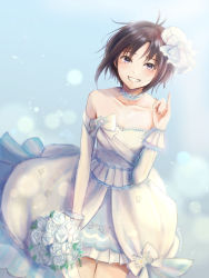 Rule 34 | 1girl, antenna hair, bare shoulders, black hair, blurry, blush, bokeh, bouquet, bow, breasts, bride, choker, collarbone, cowboy shot, depth of field, detached sleeves, dress, dutch angle, floating hair, flower, frilled choker, frilled dress, frills, grin, hair ornament, highres, holding, holding bouquet, idolmaster, idolmaster (classic), iso (nh15mint), kikuchi makoto, looking at viewer, off shoulder, pinky out, print dress, short hair, small breasts, smile, solo, wedding dress, white dress