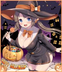 Rule 34 | 1girl, alternate costume, bat (animal), bat wings, belt, black belt, black skirt, black thighhighs, blue eyes, blush, bow, bowtie, breasts, brown hair, bucket, building, candy, candy wrapper, chocolate, chocolate bar, city lights, cleavage, cobblestone, cross-laced slit, detached collar, fang, food, food on face, gradient sky, hair ornament, halloween, halloween bucket, halloween costume, hamster, happy halloween, hat, heart, highres, holding, holding candy, holding food, holding lollipop, jack-o&#039;-lantern, large breasts, lollipop, long hair, looking at viewer, minori (senran kagura), namanama12ruiji, night, night sky, open mouth, orange bow, orange bowtie, pleated skirt, pumpkin, ring hair ornament, senran kagura, senran kagura shinovi versus, shiny skin, side slit, skindentation, skirt, sky, smile, solo, standing, star (sky), star (symbol), starry sky, sweets, swirl lollipop, thighhighs, tongue, trick or treat, twintails, wings, witch, witch hat, wrapped candy