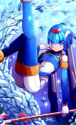 Rule 34 | 1girl, android, blue eyes, bubble, gloves, highres, ice, ice dragon, legs up, fairy leviathan (mega man), mega man (series), mega man zero (series), polearm, spear, thighhighs, water, weapon