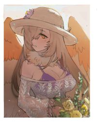 Rule 34 | 1girl, bikini, bikini top only, blonde hair, border, breasts, brown hair, chromatic aberration, feathered wings, feathers, flower, gradient hair, hair over one eye, harpy, hat, highres, long hair, medium breasts, monster girl, multicolored hair, neck fur, neck ruff, off-shoulder shirt, off shoulder, open mouth, purple bikini, shirt, simple background, solo, sweatdrop, swimsuit, tokyo houkago summoners, translucent, tyou, upper body, white border, wings, yellow background, yellow eyes, ziz (housamo)