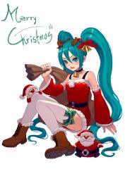 Rule 34 | 1girl, adapted costume, ankle boots, antlers, aqua eyes, aqua hair, bag, bare shoulders, bell, belt, boots, bow, collar, detached sleeves, doll, dress, fkey, hair bell, hair ornament, hatsune miku, highres, horns, long hair, long sleeves, merry christmas, multiple girls, neck bell, open mouth, red dress, reindeer antlers, santa claus, santa costume, short dress, sitting, thighhighs, thighs, twintails, very long hair, vocaloid, white thighhighs, wide sleeves, zettai ryouiki