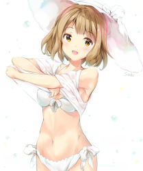 Rule 34 | 1girl, artist name, bad id, bad pixiv id, bikini, blush, bob cut, breasts, brown hair, front-tie bikini top, front-tie top, looking at viewer, medium breasts, navel, off shoulder, open mouth, original, see-through, shirt, short hair, side-tie bikini bottom, signature, simple background, smile, solo, suihi, swimsuit, undressing, upper body, water drop, white background, white bikini, white shirt, yellow eyes