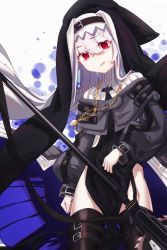 Rule 34 | 1girl, arknights, black capelet, black coat, black thighhighs, blue background, capelet, chinese commentary, circular saw, closed mouth, coat, commentary request, cuicuijiao, habit, hair between eyes, highres, holding, holding weapon, jewelry, licking lips, long hair, long sleeves, necklace, pelvic curtain, red eyes, saw, silver hair, solo, specter (arknights), thigh strap, thighhighs, tongue, tongue out, weapon, white background