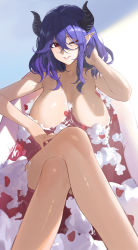 Rule 34 | 1girl, absurdres, bathing, bathtub, breasts, cleavage, collarbone, commission, crossed legs, feet out of frame, foreshortening, hair between eyes, hand in own hair, highres, horns, kinsou no vermeil, large breasts, looking at viewer, one eye closed, parted lips, partially submerged, pointy ears, purple hair, red eyes, smile, so shio, solo, vermeil (kinsou no vermeil)