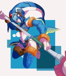 Rule 34 | 1girl, :|, absurdres, android, blue eyes, boots, breasts, closed mouth, fins, fish tail, gloves, hair ornament, helmet, highres, holding, holding polearm, holding weapon, fairy leviathan (mega man), looking at viewer, mega man (series), mega man zero (series), omochi (mochi skymega), polearm, robot, robot girl, spear, tail, thigh boots, thighhighs, waist cape, weapon, white gloves, zora
