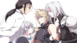 Rule 34 | 4boys, armor, bare arms, bare shoulders, black gloves, black hair, blonde hair, blue eyes, chadley (ff7), closed mouth, cloud strife, coat, collar, final fantasy, final fantasy vii, final fantasy vii remake, frown, glasses, gloves, grey hair, japanese text, lab coat, long hair, looking at another, male focus, monocle, multiple boys, parted bangs, professor houjou, sephiroth, shoulder armor, simple background, spiked hair, square enix, sweat, turtleneck, white background, wing collar