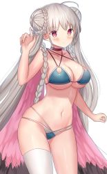 Rule 34 | 1girl, ahoge, ame sagari, azur lane, bare hips, bare shoulders, bikini, blue bikini, blush, braid, breasts, choker, cleavage, closed mouth, collarbone, commentary request, contrapposto, criss-cross halter, double bun, formidable (azur lane), formidable (the lady of the beach) (azur lane), hair bun, halterneck, hand up, highres, large breasts, long hair, looking at viewer, multi-strapped bikini bottom, multi-strapped bikini top, navel, purple choker, purple eyes, silver hair, single thighhigh, skindentation, smile, solo, standing, stomach, swimsuit, thighhighs, twin braids, underboob, very long hair, white thighhighs