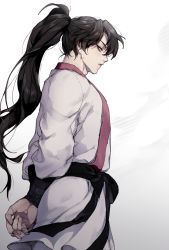 Rule 34 | 1boy, arms behind back, black hair, chungmyung, expressionless, from side, highres, korean commentary, long hair, long sleeves, looking at viewer, looking to the side, male focus, pink eyes, ponytail, return of the mount hua sect, s walpae, solo, white background