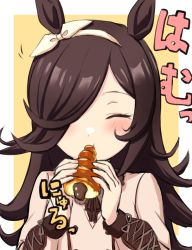 Rule 34 | 1girl, animal ears, bad id, bad pixiv id, black hair, blush, brown background, brown dress, chocolate cornet, closed mouth, commentary request, dress, eating, engiyoshi, closed eyes, facing viewer, food, hair over one eye, hair ribbon, hairband, hands up, highres, holding, holding food, horse ears, long hair, long sleeves, puffy long sleeves, puffy sleeves, ribbon, rice shower (umamusume), solo, two-tone background, umamusume, upper body, white background, white hairband, white ribbon