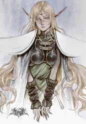 Rule 34 | 1girl, armor, blonde hair, breastplate, cape, circlet, deedlit, elf, evorcy, fingernails, green eyes, half-closed eyes, long fingernails, long hair, long pointy ears, nose, pauldrons, pointy ears, record of lodoss war, shoulder armor, simple background, solo, upper body, very long fingernails, very long hair, white background