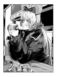 1girl animal_ears bow drink ear_piercing fake_animal_ears foam_mustache food fork funa2001 greyscale highres indoors jewelry long_hair long_sleeves monochrome nail_polish piercing ring sitting solo yofukashi_no_uta