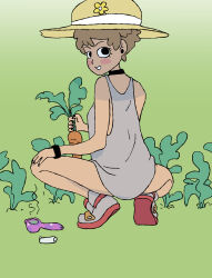 Rule 34 | 1girl, absurdres, carrot, choker, commentary, english commentary, food, fruit, full body, gardening, green background, hat, highres, incredibly absurdres, jula (toddeetoddee), lighter, looking back, marijuana, nude, original, self-upload, shoes, short hair, simple background, smoking pipe, sneakers, tank top, toddeetoddee, vegetable