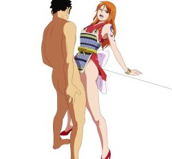 Rule 34 | 1boy, 1girl, armor, bracelet, clothed sex, facing another, high heels, highres, japanese clothes, jewelry, kimono, leaning back, long hair, mr trace mosha, nami (one piece), one eye closed, one piece, orange hair, sex, standing, standing missionary, standing sex, tall female, tattoo