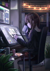 Rule 34 | 1girl, absurdres, brown hair, calendar (object), can, chair, chips (food), cup, drawing, drawing tablet, drink can, drinking, electrical outlet, food, from side, hair over shoulder, highres, holding, holding cup, indoors, lights, long hair, low-tied long hair, monitor, night, night sky, original, pal lett, paper plate, pizza, plant, plate, potato chips, red shorts, rem (re:zero), shorts, sidelocks, sitting, sky, soda can, sticky note, stylus, window, window blinds, wooden floor