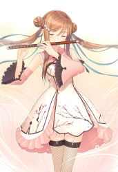 Rule 34 | 1girl, absurdres, bare shoulders, blush, branch, brown hair, chun-mei (tony taka), detached sleeves, double bun, dress, fishnet thighhighs, fishnets, floral print, flute, frills, garter straps, gradient background, hair bun, hair ornament, hairclip, highres, instrument, long hair, original, pink dress, scan, shiny skin, sidelocks, simple background, sleeveless, sleeveless dress, solo, sparkle, thighhighs, tony taka, twintails, wide sleeves