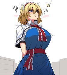 Rule 34 | 1girl, ?, alice margatroid, arms behind back, blonde hair, blue dress, blue eyes, capelet, coin, dress, formicid, hair between eyes, hairband, hypnosis, mind control, open mouth, red hairband, short hair, solo, touhou, white capelet