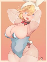 Rule 34 | 2girls, adventure time, adventure time:fionna and cake, animal, animal ears, animal hat, arms behind head, arms up, black eyes, blonde hair, blue eyes, blue leotard, blush, bow, bowtie, breasts, cake (adventure time), cartoon network, cat, cleavage, detached collar, fake animal ears, fake tail, fionna campbell, gloves, hat, highres, huge breasts, laabje, leotard, looking at viewer, multiple girls, orange background, playboy bunny, rabbit ears, rabbit hat, rabbit tail, red bow, red bowtie, sparkle, standing, tail, thick thighs, thighhighs, thighs, thumbs up, tongue, tongue out, white gloves, white headwear, white thighhighs