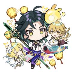 Rule 34 | 1girl, 2boys, :&lt;, aether (genshin impact), ahoge, bead necklace, beads, black hair, blonde hair, braid, bug, butterfly, chibi, closed eyes, closed mouth, detached sleeves, dress, facial mark, flower, food, forehead mark, genshin impact, green hair, highres, holding, holding polearm, holding spear, holding weapon, insect, jewelry, jqpz 30, lantern, long hair, lumine (genshin impact), multicolored hair, multiple boys, necklace, open mouth, polearm, seelie (genshin impact), short hair with long locks, simple background, single braid, smile, spear, tassel, weapon, white background, white dress, white flower, xiao (genshin impact), yellow eyes
