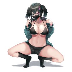 Rule 34 | 1girl, ayafuji sakiya, bikini, bikini top only, black bikini, black hair, black socks, bracelet, breasts, cleavage, collarbone, commentary request, covered mouth, cutoffs, denim, denim shorts, full body, gradient hair, green eyes, green hair, green jacket, groin, hair between eyes, hair ornament, hairclip, hands up, heterochromia, highres, indie virtual youtuber, jacket, jewelry, kneehighs, large breasts, long sleeves, looking at viewer, masaki nanaya, mask, mouth mask, multicolored hair, navel, neck ring, open clothes, open jacket, pink eyes, pink hair, shadow, short shorts, shorts, sidelocks, simple background, socks, solo, squatting, stomach, swimsuit, thick eyebrows, twintails, underboob, virtual youtuber, white background