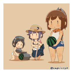 Rule 34 | 10s, 3girls, bikini, bikini under clothes, black hair, bokken, brown eyes, brown hair, capriccyo, chibi, diving mask, diving mask on head, food, fruit, goggles, goggles on head, hair flaps, hair ornament, hairclip, i-401 (kancolle), kantai collection, low twintails, maru-yu (kancolle), multiple girls, one-piece swimsuit, open mouth, ponytail, purple hair, red eyes, sailor collar, sarong, school swimsuit, short hair, short ponytail, swimsuit, swimsuit under clothes, sword, taigei (kancolle), tan, tanline, torpedo, twintails, twitter username, watermelon, weapon, white school swimsuit, white one-piece swimsuit, wooden sword