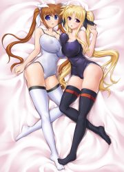 Rule 34 | asymmetrical docking, black legwear, blonde hair, blue one-piece swimsuit, blush, breast press, breasts, covered erect nipples, covered navel, fate testarossa, from above, full body, highres, impossible clothes, large breasts, long hair, looking at viewer, lying, lyrical nanoha, mahou shoujo lyrical nanoha strikers, on back, one-piece swimsuit, open mouth, orange hair, purple eyes, raidon, red eyes, shiny skin, skin tight, smile, swimsuit, takamachi nanoha, thighhighs, twintails, white legwear, white one-piece swimsuit
