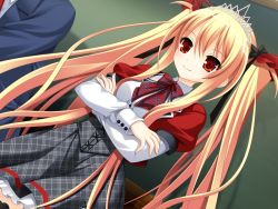 Rule 34 | 1boy, 1girl, blonde hair, bloody rondo, crossed arms, dutch angle, game cg, long hair, long sleeves, luna freed queen, makita maki, red eyes, skirt, smile, solo focus, twintails