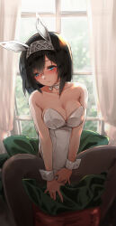 Rule 34 | 1girl, animal ears, bare shoulders, black hair, black pantyhose, blue eyes, blurry, blurry background, blush, breasts, choker, cleavage, closed mouth, collarbone, covered navel, curtains, cushion, day, dot nose, fake animal ears, hair between eyes, hairband, highres, idolmaster, idolmaster cinderella girls, idolmaster cinderella girls starlight stage, indoors, leotard, long hair, looking at another, medium breasts, minori (m-noir), on chair, open hands, pantyhose, playboy bunny, rabbit ears, ribbon, ribbon choker, sagisawa fumika, shy, sitting, solo, spread legs, strapless, strapless leotard, tree, white hairband, white leotard, white ribbon, white wrist cuffs, window, wrist cuffs