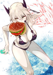 Rule 34 | 1girl, artoria pendragon (fate), artoria pendragon (lancer alter) (fate), bare shoulders, bikini, black bikini, blush, breasts, burger, cleavage, collarbone, cup, dark rhongomyniad, fate/grand order, fate (series), food, grey hair, hair between eyes, horns, lance, large breasts, long hair, looking to the side, mouth hold, murio, navel, pale skin, polearm, sidelocks, signature, solo, swimsuit, thighs, weapon, yellow eyes