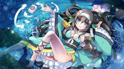 Rule 34 | 1girl, barefoot, blue eyes, breasts, brown hair, choko (kandatake), cleavage, double bun, flower, hair between eyes, hair ornament, hairband, in water, japanese clothes, large breasts, leaf hair ornament, lily pad, long hair, looking at viewer, lying, mahjong, mahjong tile, on back, outstretched arm, panties, rinne (sennen sensou aigis), sennen sensou aigis, solo, underwear, very long hair, water, white hairband, white panties, wide sleeves