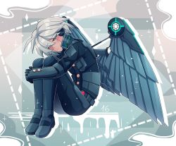 Rule 34 | ahoge, android, armor, blush, cheer (cheerpuppy14), closed mouth, danganronpa (series), danganronpa v3: killing harmony, grey background, grey hair, half-closed eyes, headphones, hugging own legs, k1-b0, long sleeves, looking at viewer, outline, power armor, smile, solo, white outline, wings