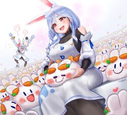 Rule 34 | 2girls, angry, animal ear fluff, animal ears, blue hair, braid, breasts, carrot, carrot hair ornament, food-themed hair ornament, hair ornament, hololive, jealous, long hair, looking at viewer, mature female, mother and daughter, multicolored hair, multiple girls, open mouth, pekomama, pekomon (usada pekora), rabbit-shaped pupils, rabbit ears, rabbit girl, short eyebrows, smile, surrounded, symbol-shaped pupils, thick eyebrows, twin braids, twintails, two-tone hair, usada pekora, usada pekora (1st costume), virtual youtuber, white hair, wugedou