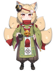 Rule 34 | 1girl, :t, animal ear fluff, animal ears, bell, black footwear, blush, brown hair, brown hakama, closed mouth, fox ears, fox girl, fox tail, full body, green kimono, hakama, hakama pants, hand on own hip, highres, indie virtual youtuber, japanese clothes, jingle bell, kamiya ris, kimono, kitsune, kuro kosyou, long sleeves, looking at viewer, multiple tails, pants, pout, red eyes, shoes, short eyebrows, simple background, solo, standing, tail, thick eyebrows, v-shaped eyebrows, virtual youtuber, white background, wide sleeves