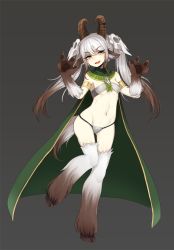 Rule 34 | 1girl, animal ears, animal hands, armlet, baphomet (monster girl encyclopedia), breasts, broken horn, brown hair, cape, claws, double v, eyebrows, eyelashes, fang, flat chest, fur, gluteal fold, goat ears, goat eyes, gradient hair, green cape, green eyes, grey background, groin, hair ornament, head tilt, highres, hooves, horizontal pupils, horns, long eyelashes, looking at viewer, monster girl, monster girl encyclopedia, monster girl saga, multicolored hair, navel, open mouth, pale skin, panties, simple background, skull, skull hair ornament, small breasts, solo, standing, standing on one leg, stomach, string panties, tail, terupancake, two-tone hair, underwear, v, white hair