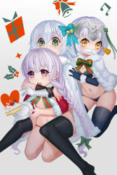 Rule 34 | 3girls, :o, bell, black bra, black legwear, black panties, blue bow, blush, bow, bra, braid, brown eyes, cake, cake slice, capelet, cloak, commentary request, covered mouth, facial scar, fake facial hair, fake mustache, fate/grand order, fate (series), food, fur-trimmed capelet, fur-trimmed cloak, fur trim, gaoyang ou nisang, green bow, green eyes, grey background, hair between eyes, headpiece, highres, hug, hug from behind, jack the ripper (fate/apocrypha), jeanne d&#039;arc (fate), jeanne d&#039;arc alter santa lily (fate), kneeling, long hair, multiple girls, nursery rhyme (fate), open mouth, panties, plate, pom pom (clothes), purple eyes, purple hair, purple panties, red cloak, scar, scar across eye, scar on cheek, scar on face, silver hair, teeth, thighhighs, underwear, upper teeth only, very long hair, white capelet, white cloak