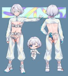 1boy :q anal anal_object_insertion ass back butt_plug chaps character_sheet chibi commission earrings facing_away facing_viewer full_body gloves grey_hair highres id_card jacket jewelry kan&#039;yu_(citron_82) male_focus mole mole_on_ass mole_on_thigh mole_under_mouth nail_polish navel_piercing nipple_piercing nipples o-ring object_insertion one_eye_closed original partially_fingerless_gloves penis penis_piercing penis_sheath piercing revealing_clothes safety_glasses safety_pin safety_pin_piercing sex_toy shoes skeb_commission sneakers solo standing testicles toned toned_male tongue tongue_out trap white_footwear white_jacket yellow_nails