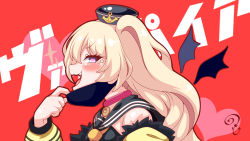 Rule 34 | 1girl, :d, azur lane, bache (azur lane), black hat, black sailor collar, black shirt, blonde hair, blush, facial mark, fang, from side, fur-trimmed jacket, fur trim, hair between eyes, hand up, hat, heart, heart-shaped pupils, highres, jacket, kurukurumagical, long hair, long sleeves, looking at viewer, looking to the side, mask, mask pull, mouth mask, off shoulder, open mouth, profile, puffy long sleeves, puffy sleeves, purple eyes, red background, sailor collar, sailor hat, shirt, sleeveless, sleeveless shirt, smile, solo, star (symbol), symbol-shaped pupils, text background, two side up, upper body, vampire (vocaloid), vocaloid, yellow jacket